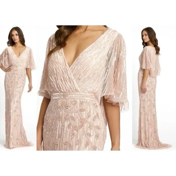 Mac Duggal Blush Pink Embellished Cap Sleeve Faux Wrap Trumpet Gown Dress 14 - Picture 2 of 13